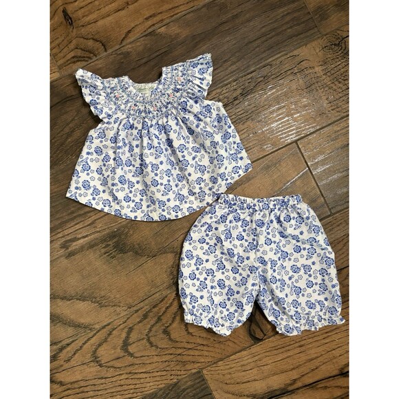 Princess Lib Blue Floral Smocked Dress Bloomer Set Baby Infant Size 9‎ Mos Pink - Picture 1 of 10
